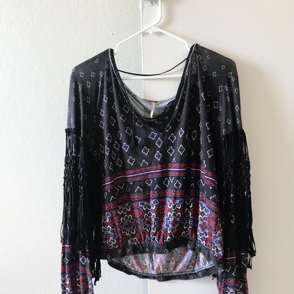 Free People Fringe Print V-neck Long Sleeve Blouse - Picture 6 of 6